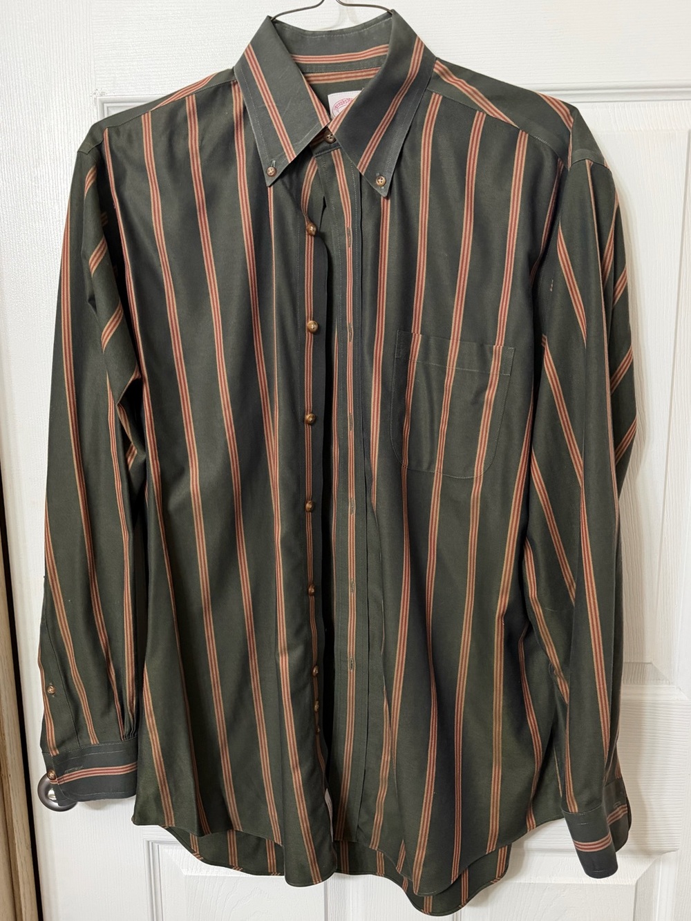 Brooks Brothers Olive Green Button-Down Shirt with Rust Stripes